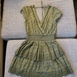 American Eagle Flutter Sleeve Dress Olive Green Size M Cinched Waist V-Neck